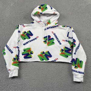 Nintendo 64 Cut Off Hoodie Womens Medium White N64 Pullover w/ Drawstring